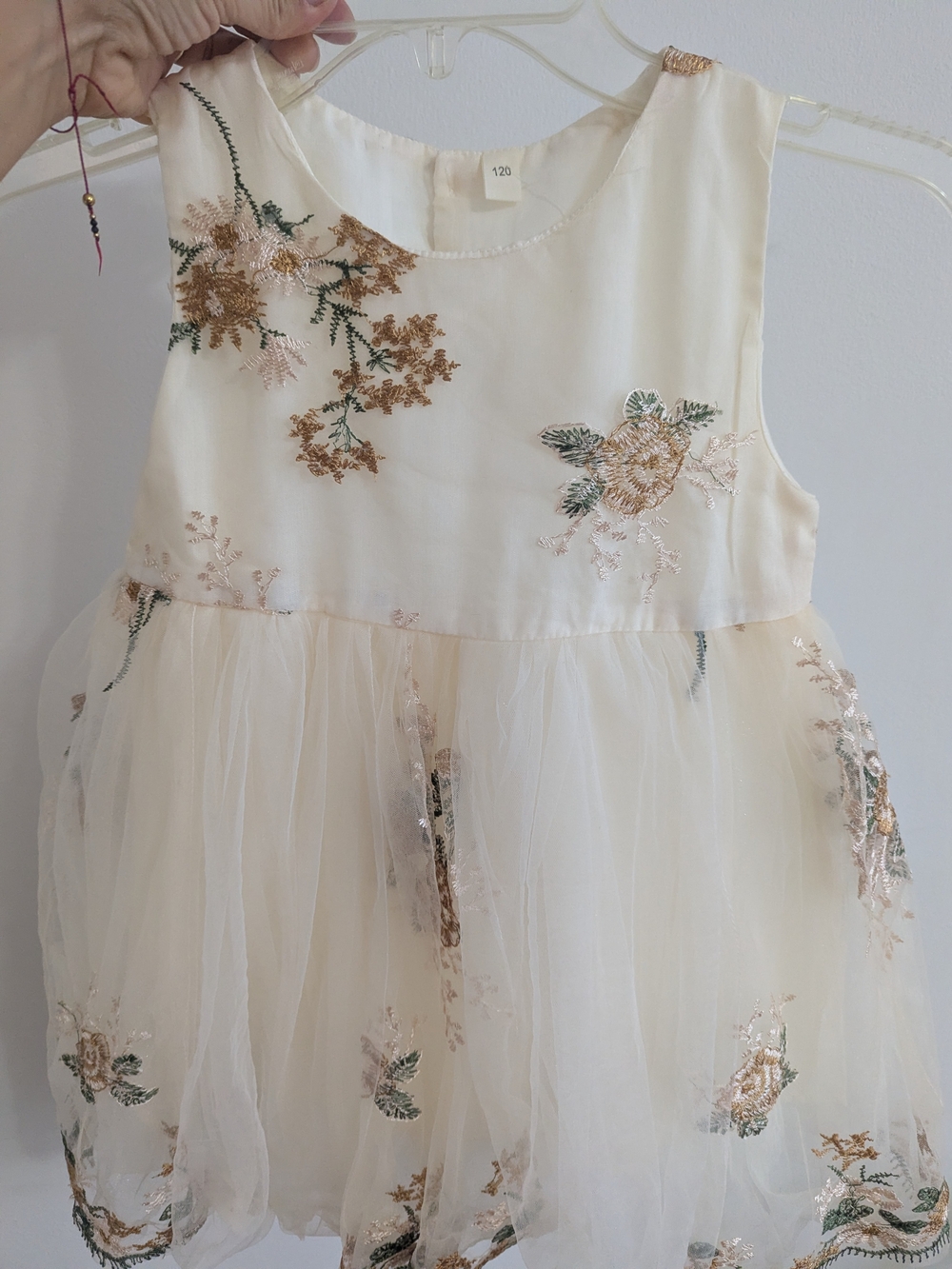 Girls' Cream Floral Embroidered Tulle Party Dress 4T-5T
